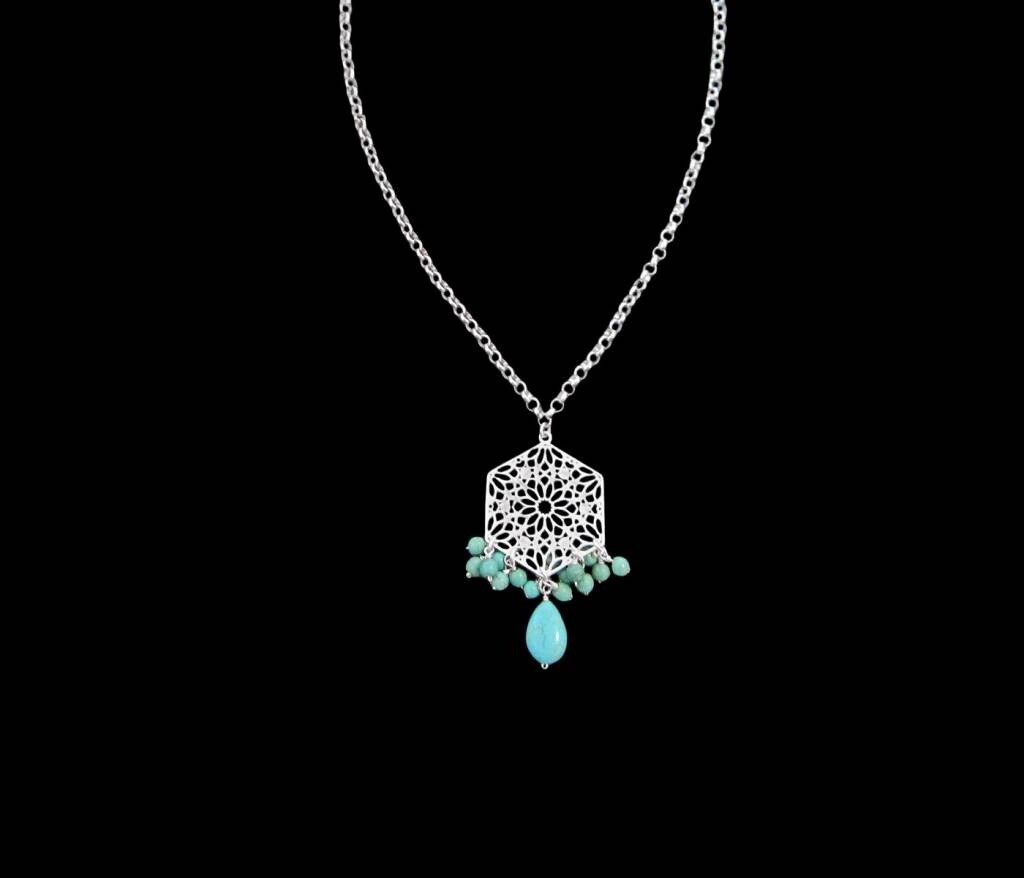 CHAIN NECKLACE WITH HEXAGON AND TURQUOISES