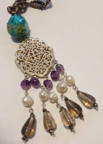 AKM 617 Large Geo. Tassels. Long Fwp Necklace