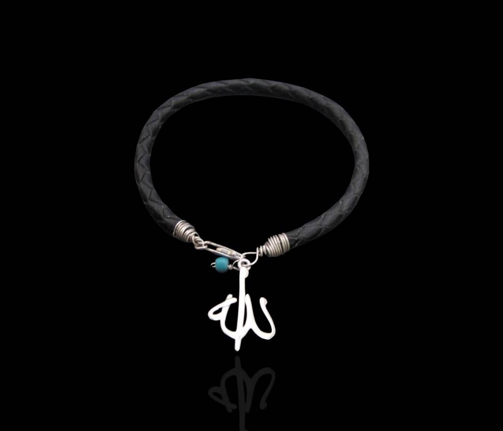 BRAIDED LEATHER BRACELET WITH ALLAH AND TURQUOISE STONE