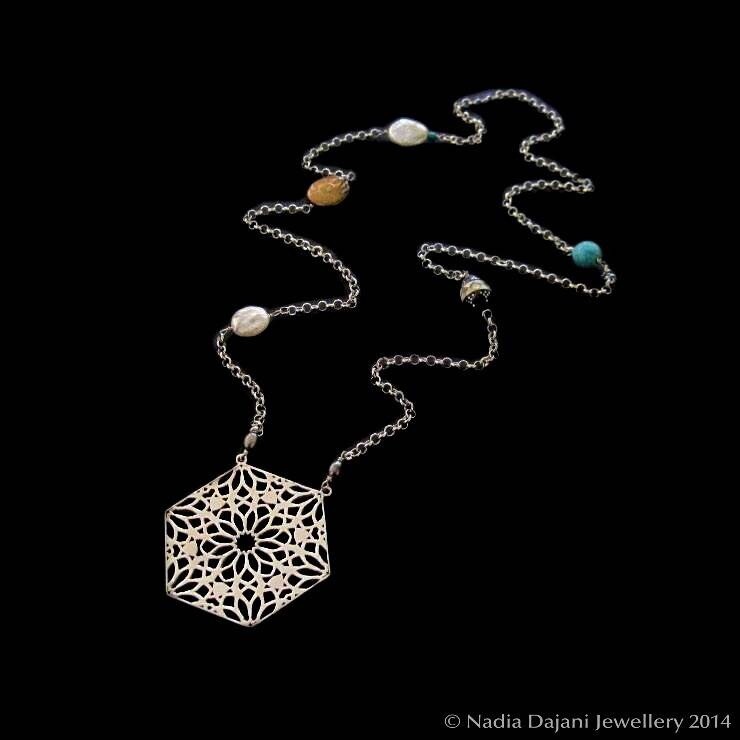 HEXAGON WITH SILVER CHAIN AND STONES