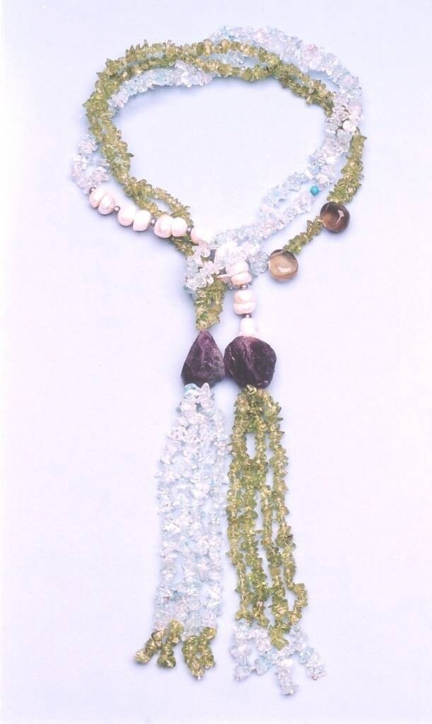 Aquamarine Peridot Amethyst &amp; Pearl Tie Necklace
