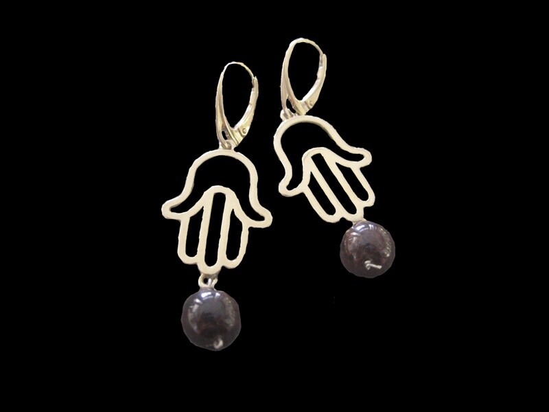 HAND OF FATIMA EARRINGS SLV GP STONE DROP