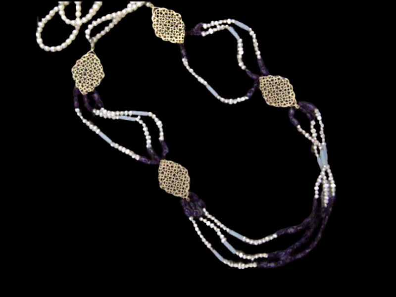 Long Geometric Arabesque Necklace with Pearls and Gemstones