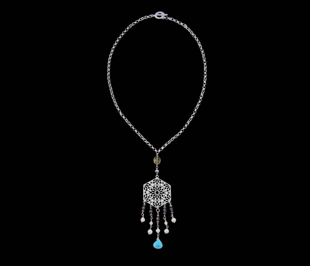CHAIN NECKLACE WITH HEXAGON AND GEMSTONE TASSELS