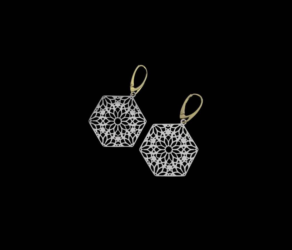SILVER HEXAGON EARRINGS WITH GOLD PLATED HOOKS