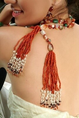 Agate Tie Necklace With Tassel & Pearls