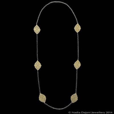 6 Geometric Gold Plated Necklace Long on Silver Chain