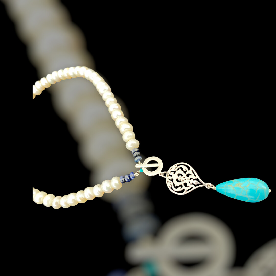 PEARL NECKLACE FRONT CLOSURE &amp; TURQ DROP