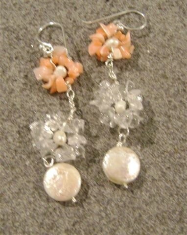 2 Flower gemstone earrings with pearl drop