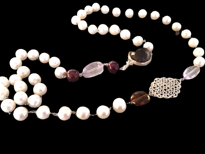 LONG PEARL NECKLACE WITH GEO & PRECIOUS STONES