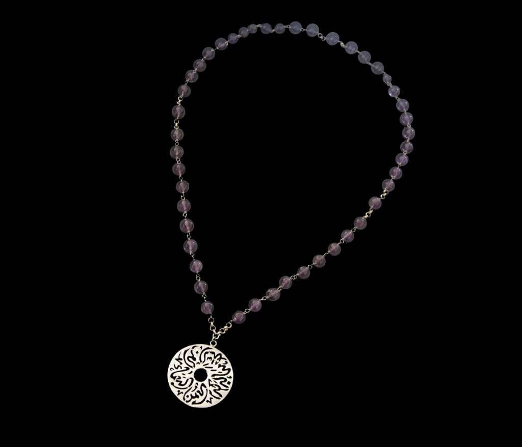 LONG GEMSTONE NECKLACE. MEDIUM SILVER DISC