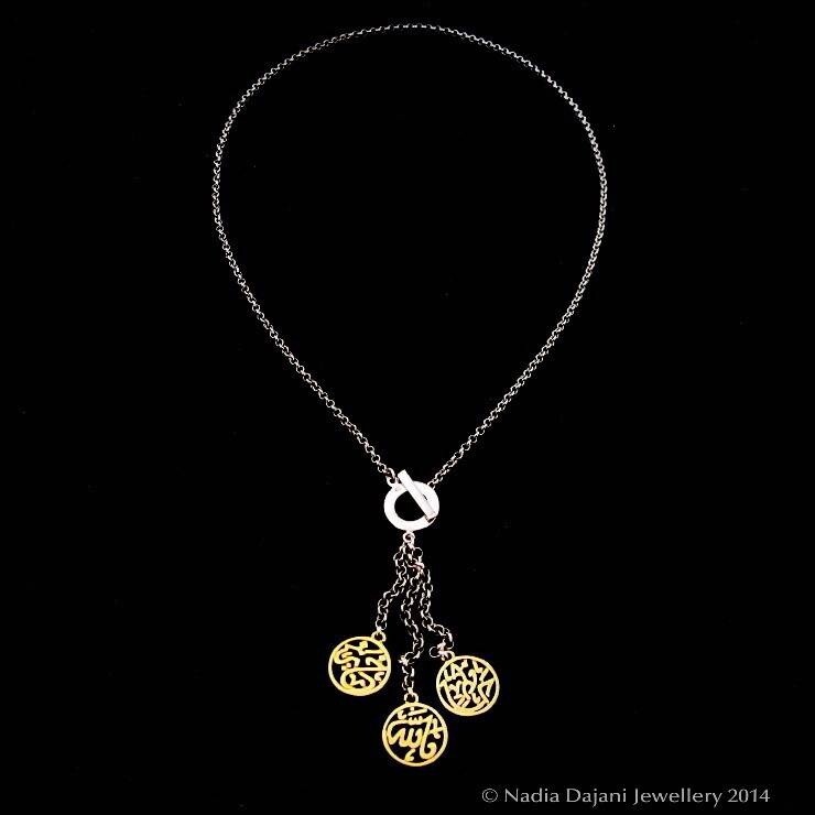 SILVER CHAIN NECKLACE WITH FRONT CLOSURE &amp; 3 GP WORDS  FALLAH KHEIR HAFETH