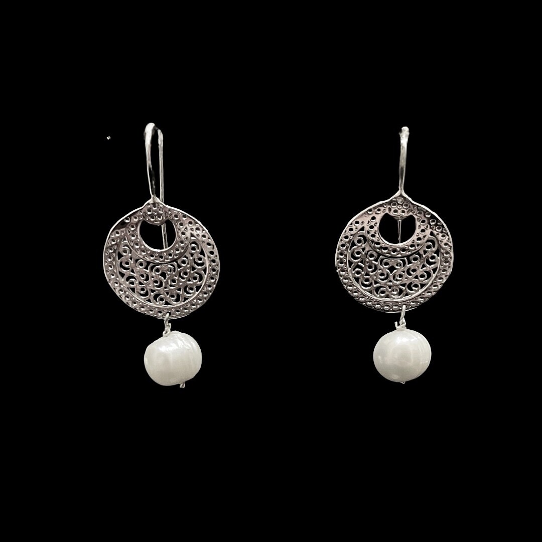Small Crescent Silver Earrings with Drop Pearl