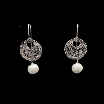 Small Crescent Silver Earrings with Drop Pearl