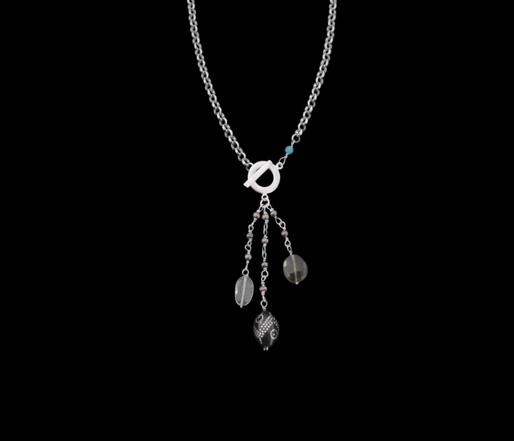SILVER CHAIN NECKLACE WITH GEMSTONE TASSEL AND YOUSOR BEAD