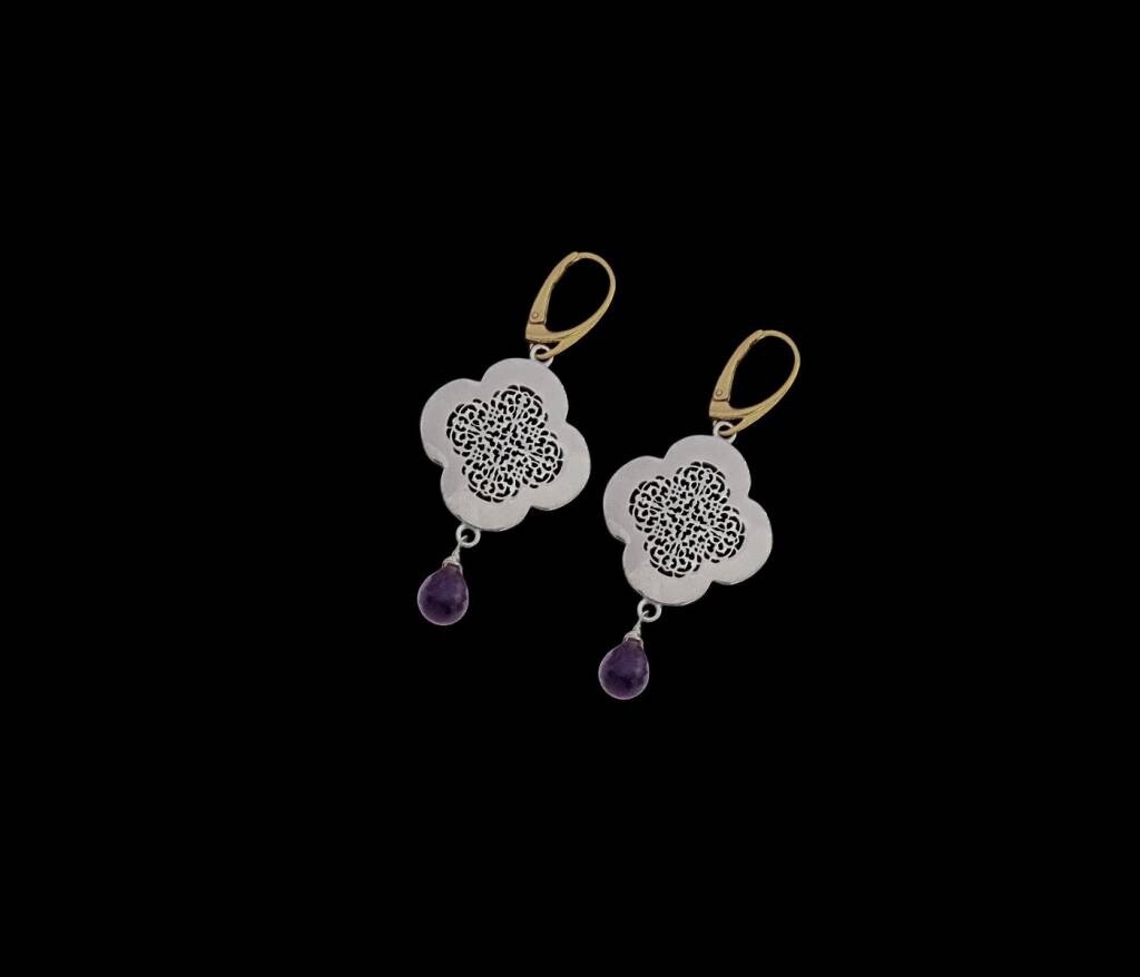 TWO TONE LARGE CLOVER EARRINGS WITH CUT STONE