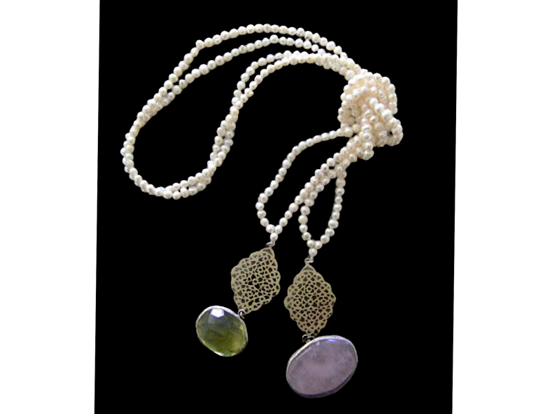 PEARL GEOMETRY AND GEMSTONE TIE NECKLACE