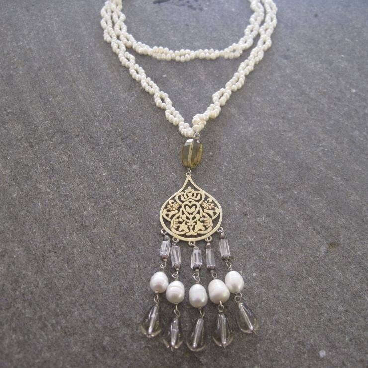 LONG PEARL NECKLACE WITH GP ARABESQUE &amp; TASSELS