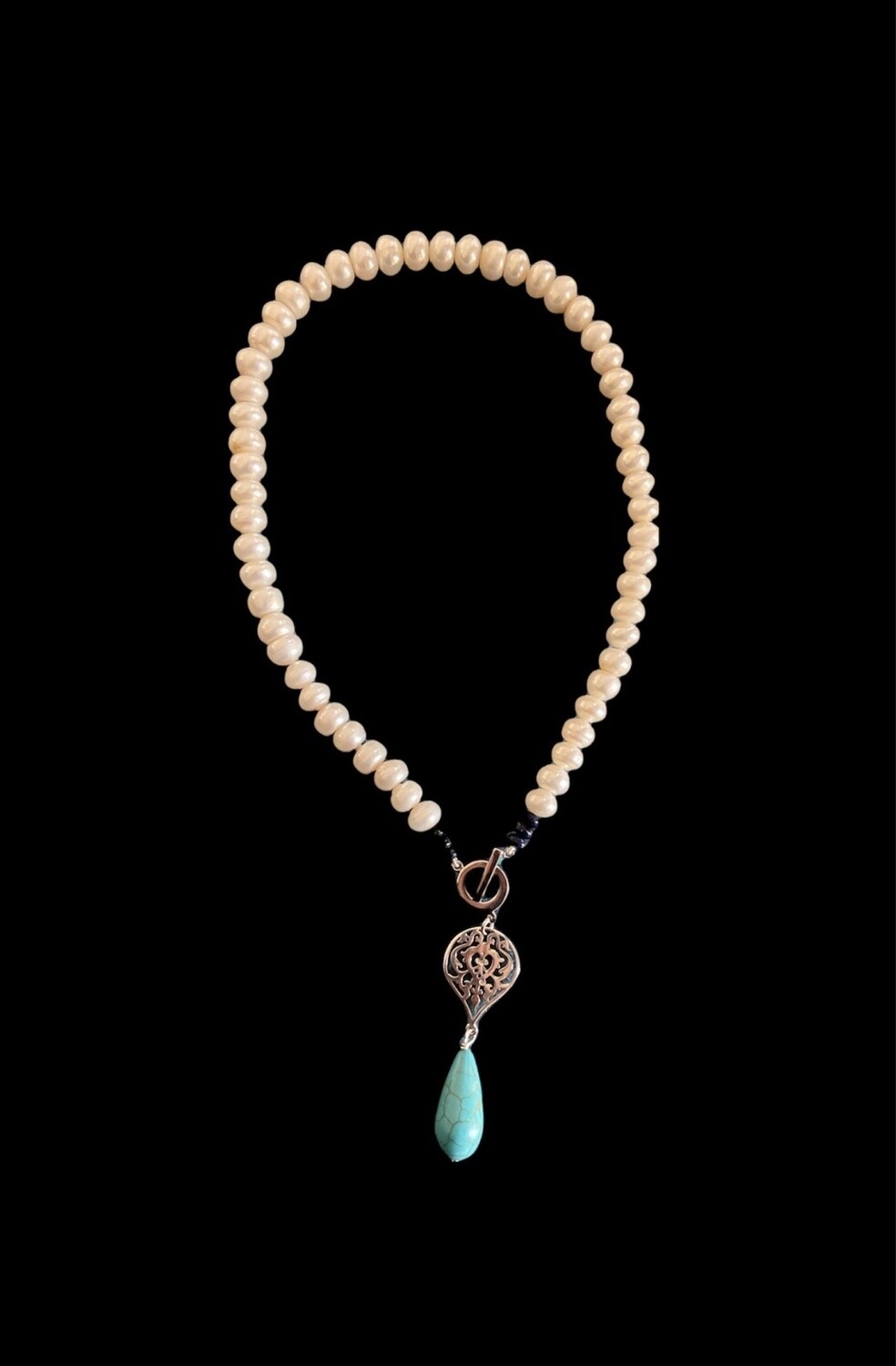 PEARL NECKLACE WITH ARABESQUE &amp; TURQUOISE DROP