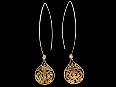 Long Oval Hook Earrings with Gold Plated Arabesque Motif