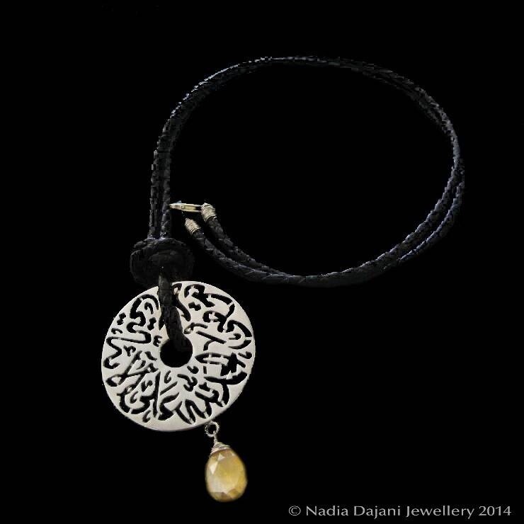 LONG LEATHER NECKLACE WITH LARGE DISC &amp; HAND CUT GEMSTONE