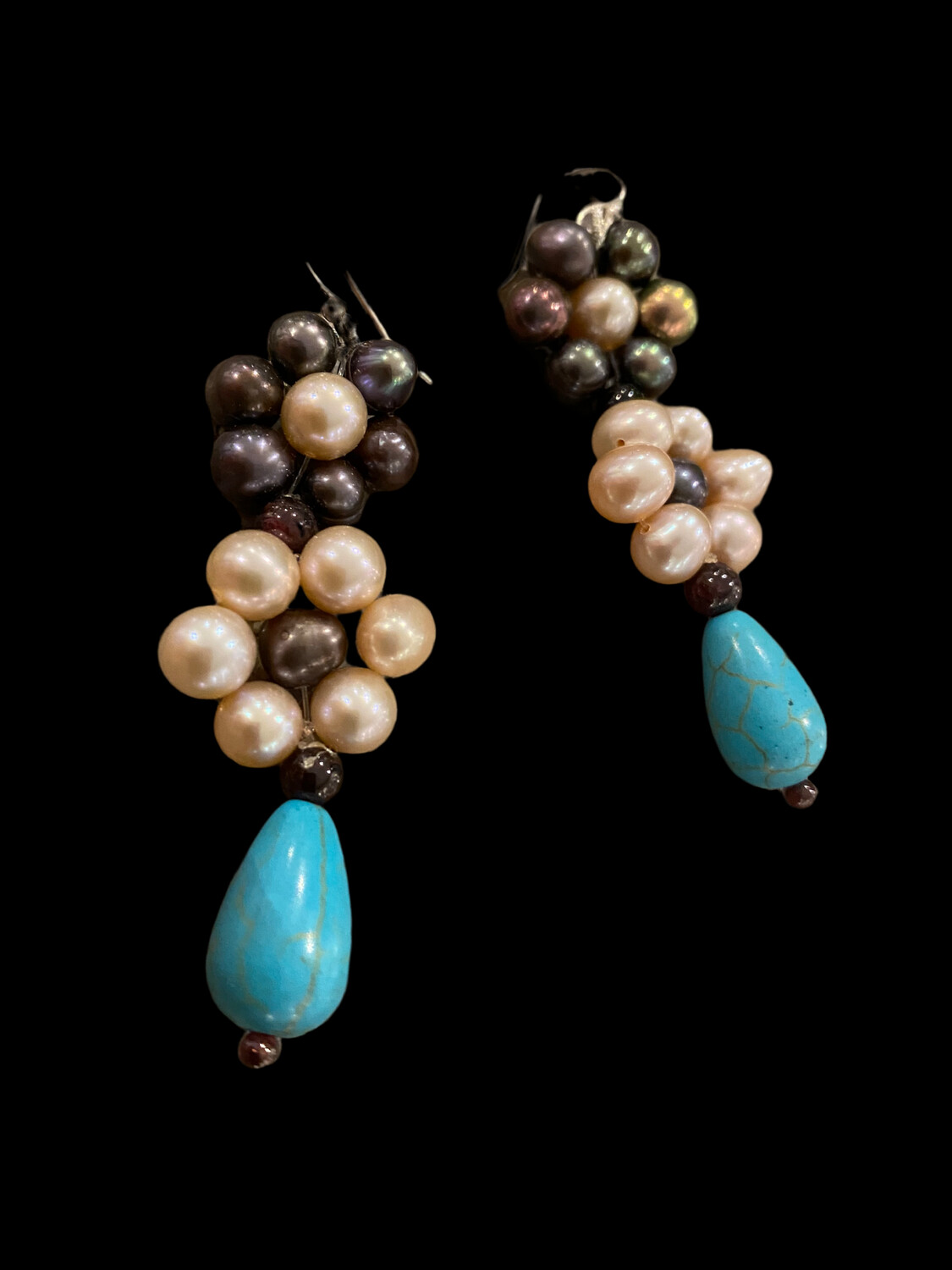 LARGE DOUBLE PEARL FLOWER EARRING WITH TURQUOISE DROP