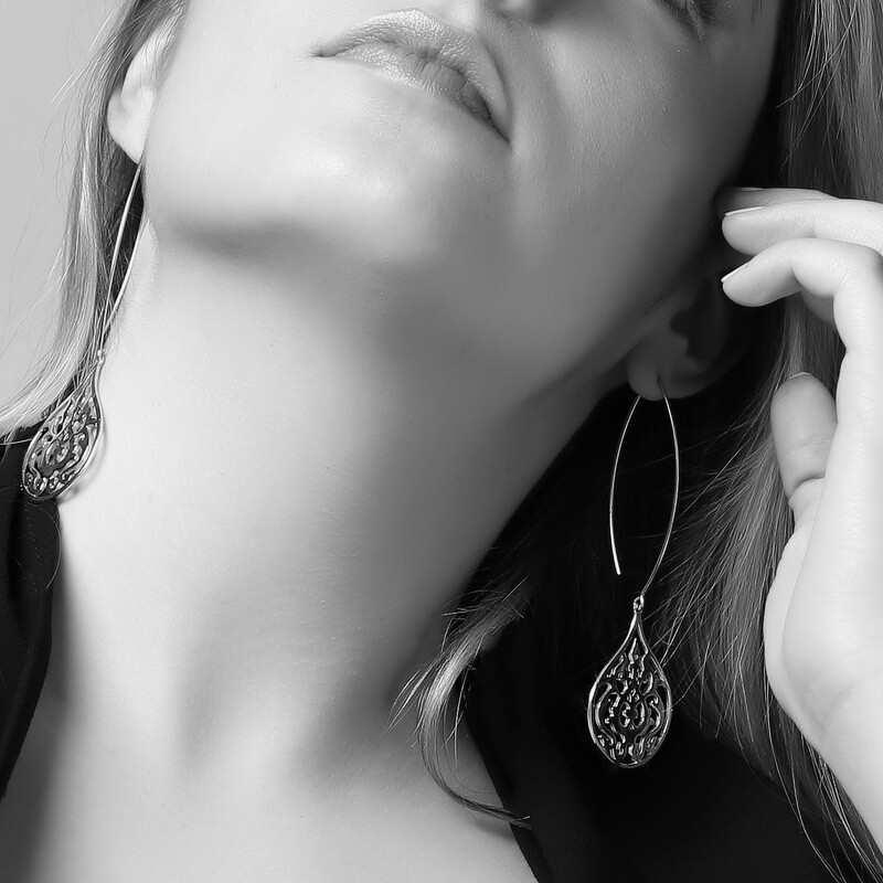Long oval hook earrings with large arabesque gp