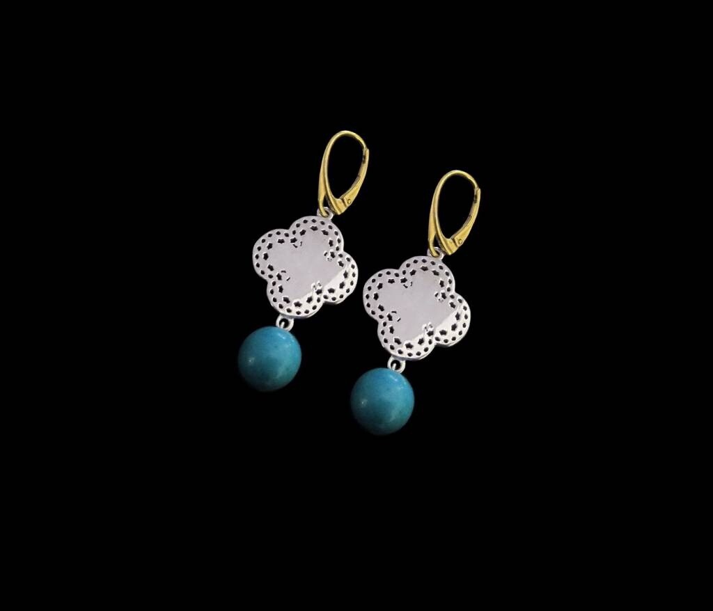SILVER SMALL CLOVER WITH GP FRENCH HOOK &amp; TURQUOISE DROP