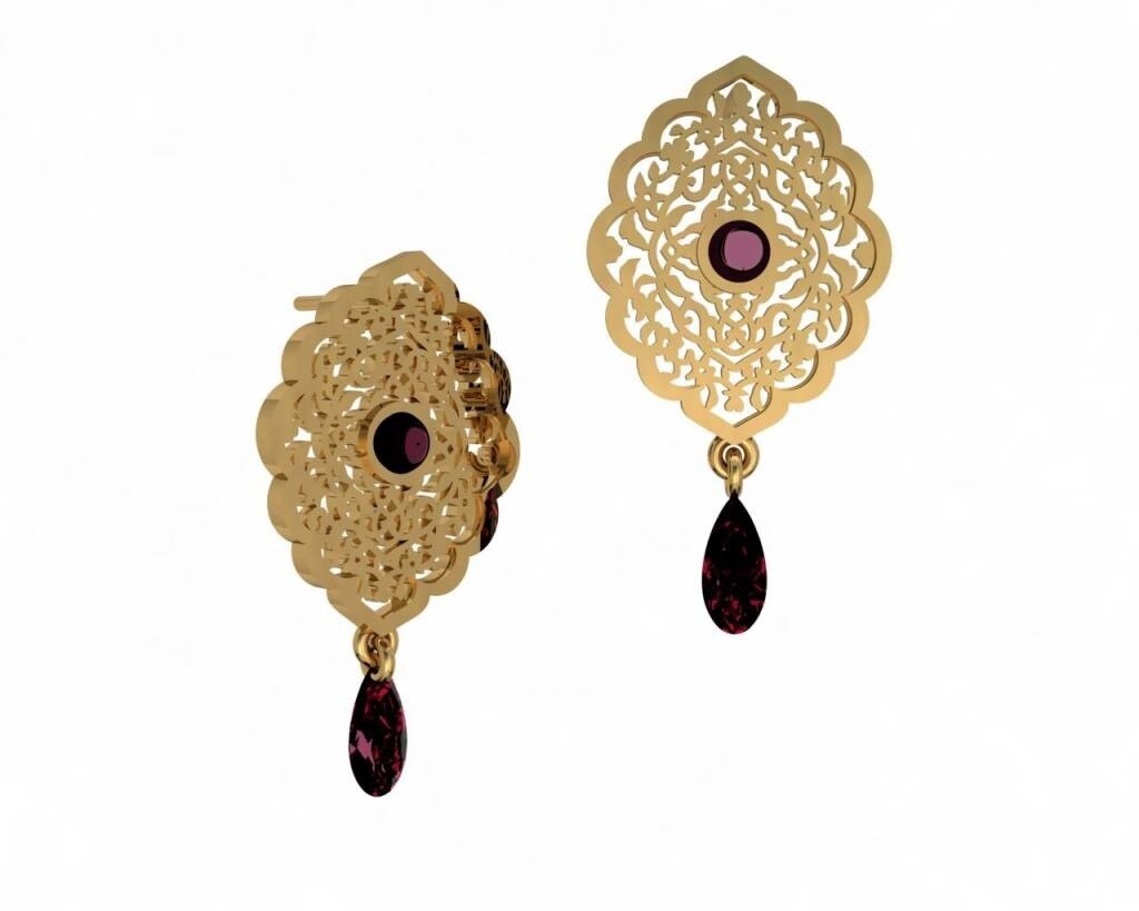OVAL ARABESQUE ED EARRING . CABOCHON &amp;  STONE DROP