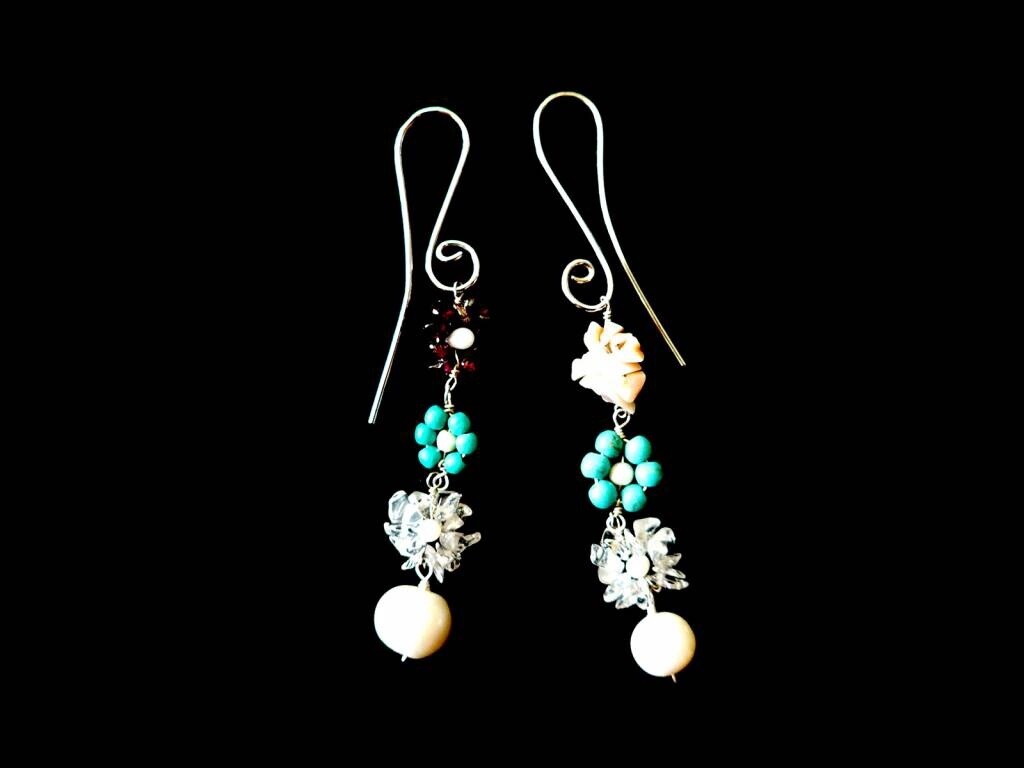 S CURVE EARRINGS WITH 3 TIER GEMSTONE FLOWERS