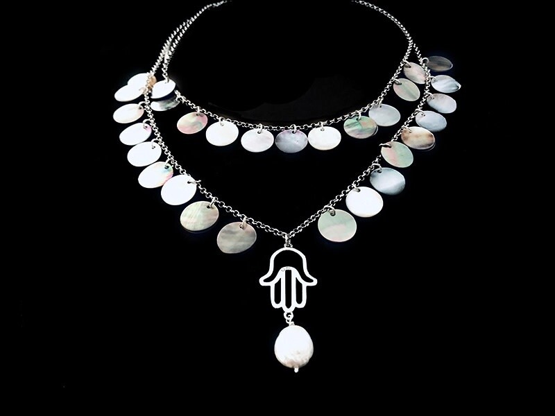 TWO ROW HAND OF FATIMA NECKLACE WITH MOTHER OF PEARL