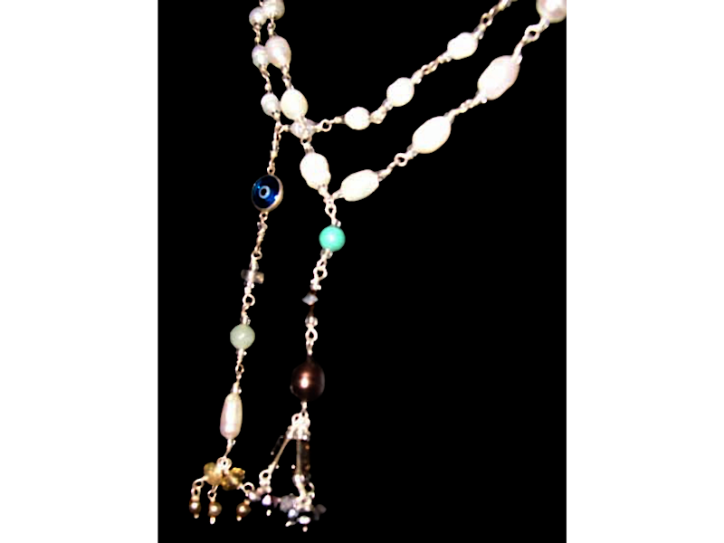 PEARL WIRE NECKLACE WITH GEMSTONE TASSELS &amp; EYE
