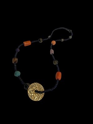 Long Multi Stone Necklace with Large Gold Plated Disc