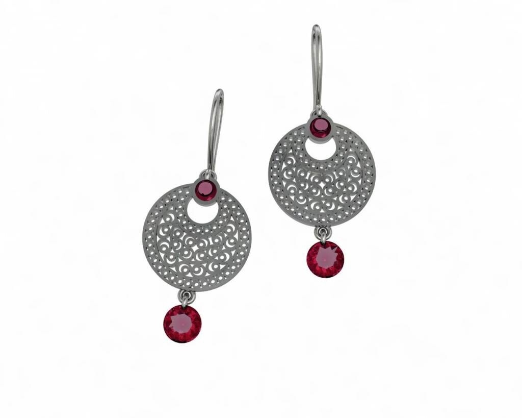 SILVER CRESCENT EARRINGS WITH CABOCHON AND STONE DROP