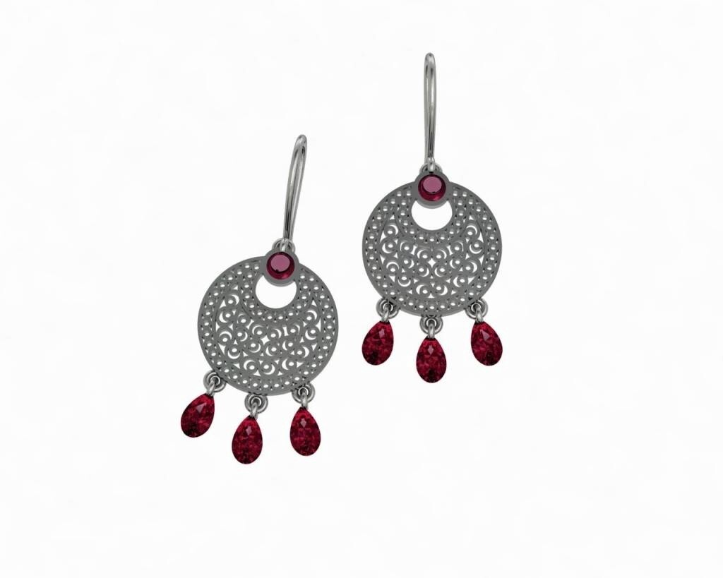SILVER CRESCENT EARRINGS WITH CABOCHON AND 3 STONE DROPS