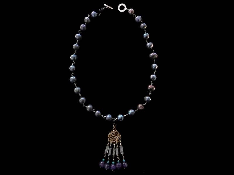 PEARL NECKLACE WITH GP ARABESQUE AND GEMSTONE TASSELS