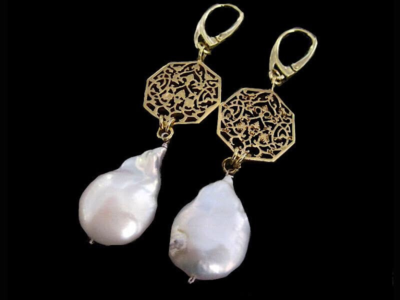 SILVER GP OCTAGON EARRINGS WITH BAROQUE PEARL