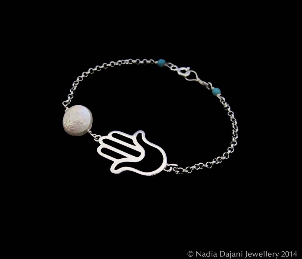 SILVER HAND OF FATIMA BRACELET WITH PEARL