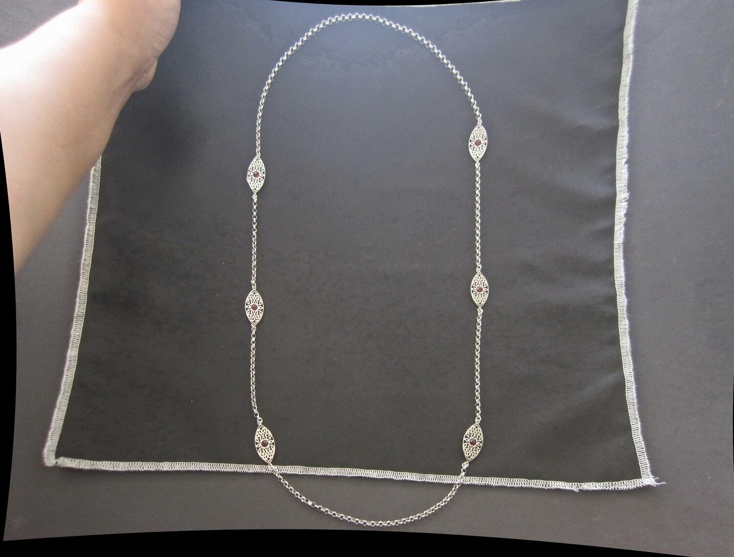 LONG SILVER CHAIN NECKLACE 6 OVAL ARABESQUES &amp; CABOCHONS