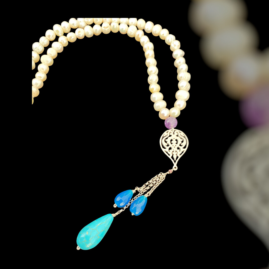 PEARL NECKLACE WITH ARABESQUE & TURQUOISE TASSEL