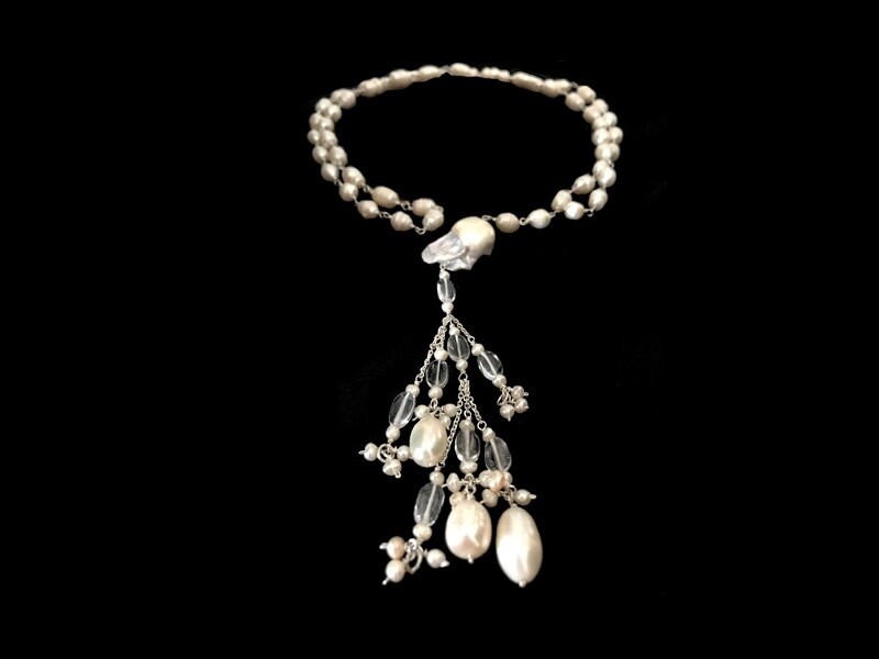 LONG PEARL NECKLACE WITH TASSEL AND ARABIC SCRIPT