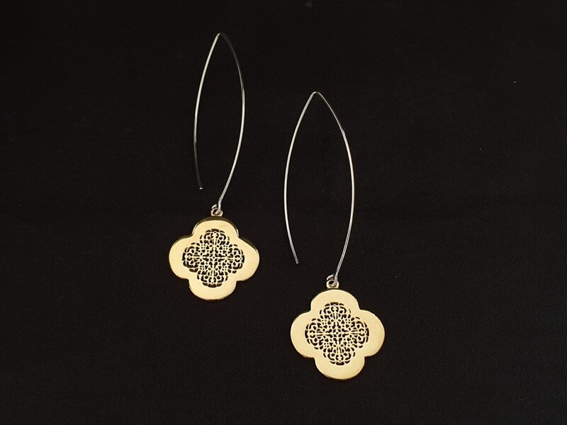 Gold Plated Clover Pendant Oval Hook Earrings