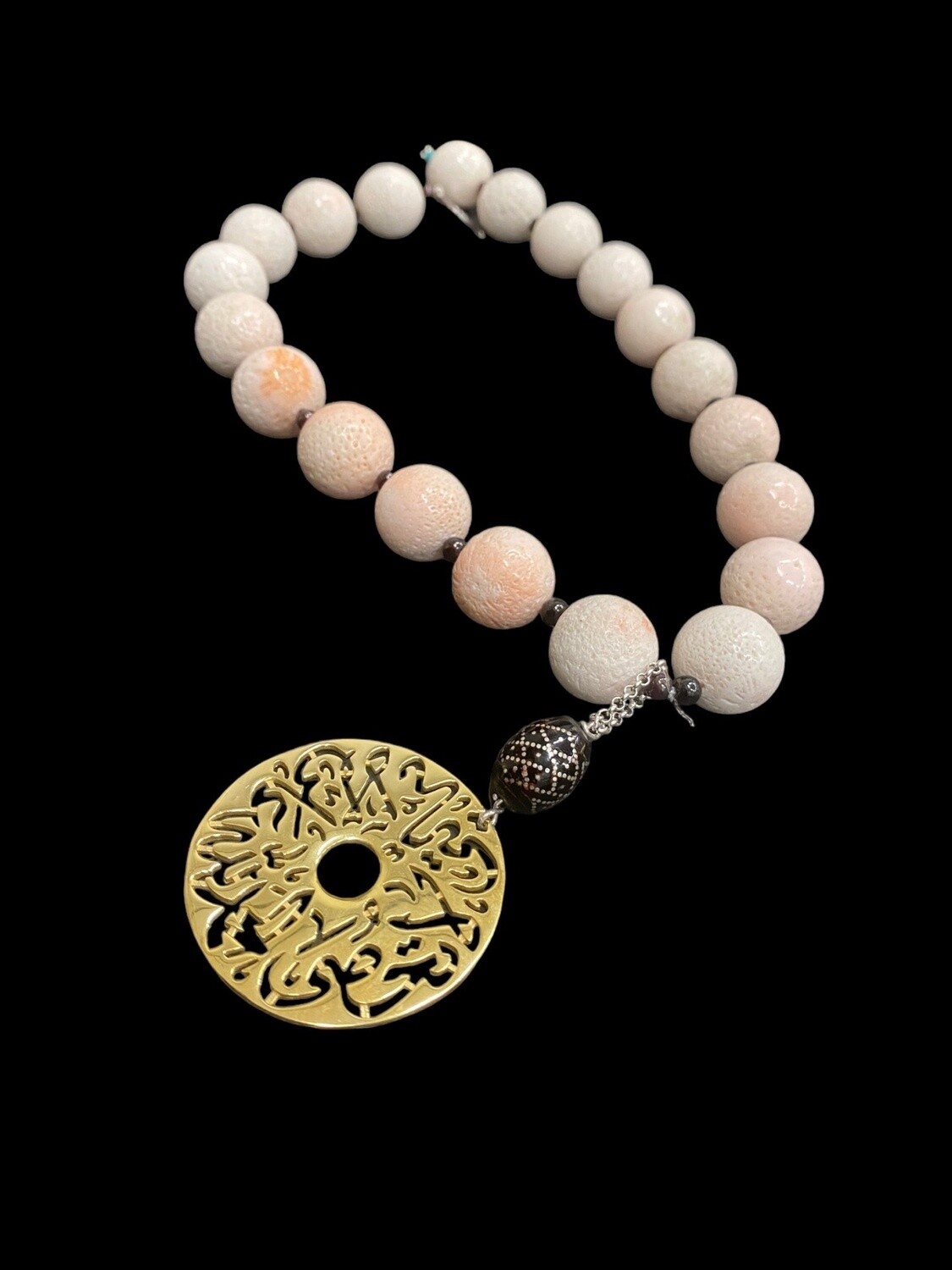 Pink Coral and Garnet Necklace With Yousor Bead and Gold Plated Disc