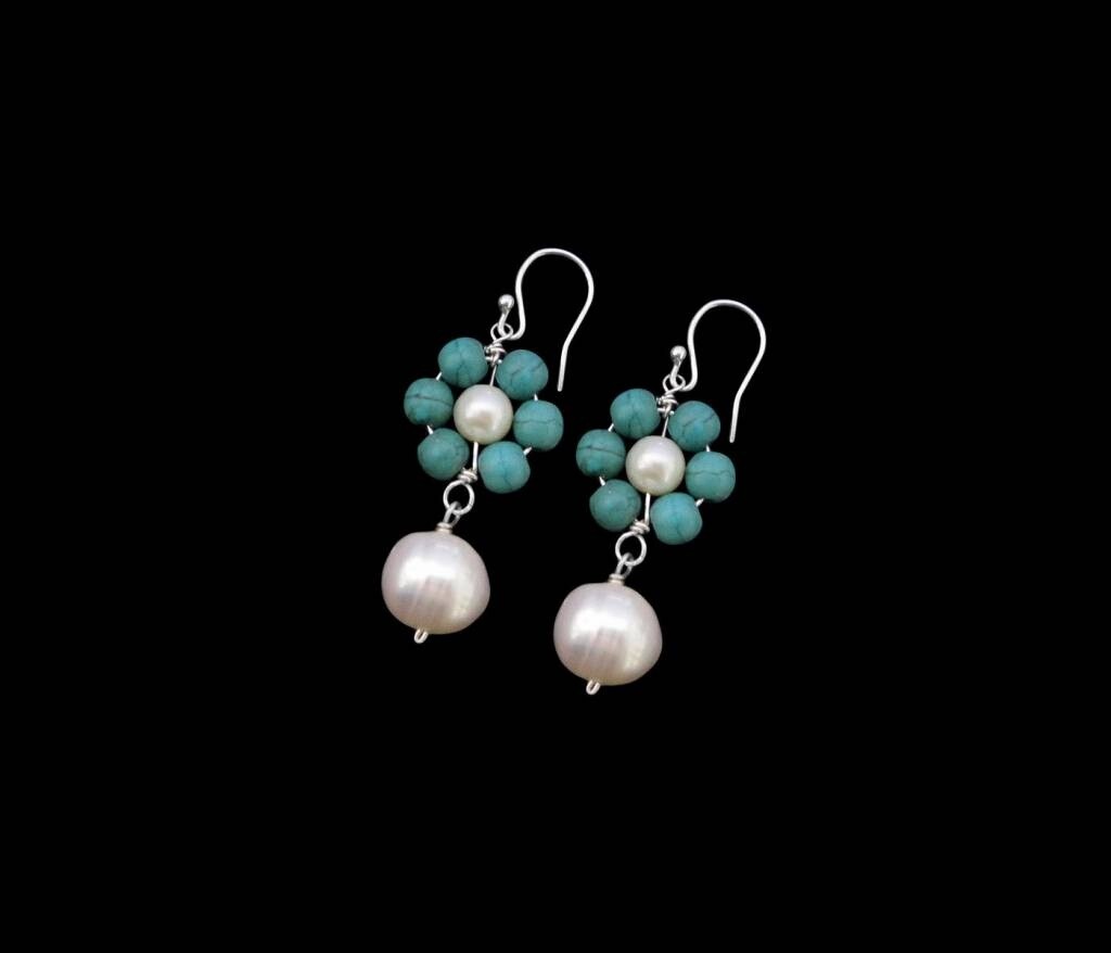 Gemstone Flower Earrings With Pearl Drop