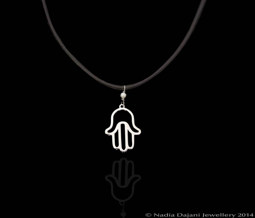 LEATHER NECKLACE WITH HAND OF FATIMA SILVER