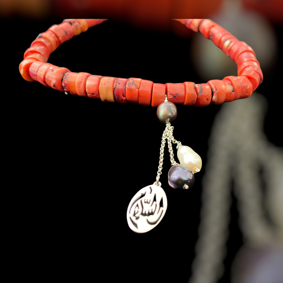 Coral necklace with Salam word and tassel