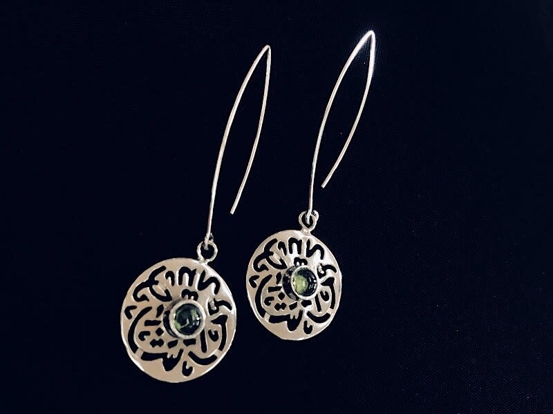 OVAL HOOK EARRINGS WITH ROUND MASHA&#39;ALLAH AND STONE CABOCHON CENTRE