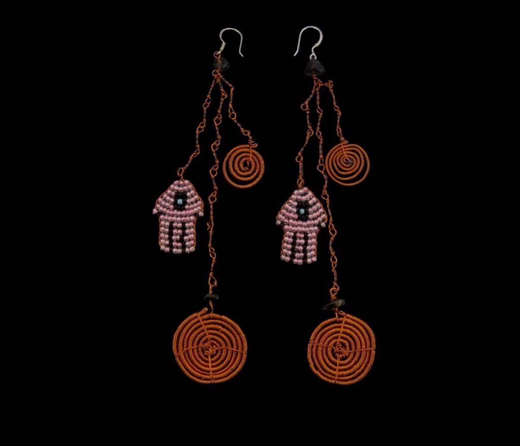 Copper shower earrings Hand of Fatima and swirls