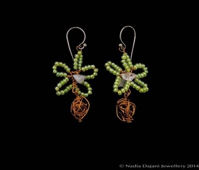 Glass bead flower earrings with copper bead drop
