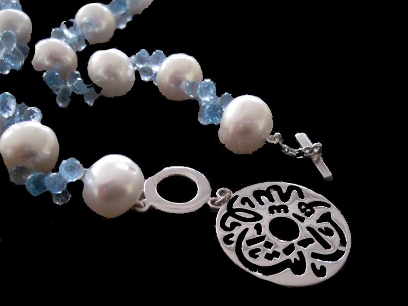 PEARL &amp; CUT AQUA MASHA ALLAH NECKLACE
